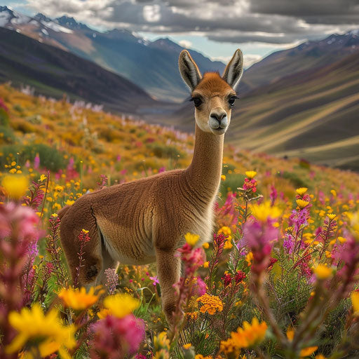 Vicuna among vibrant wildflowers in the highlands
