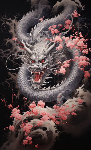 Illustration of Japanese dragon and fire in dark silver and light red style