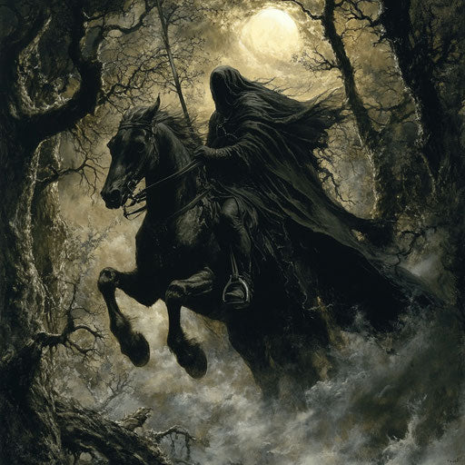 Headless rider in the dark forest under a stormy sky