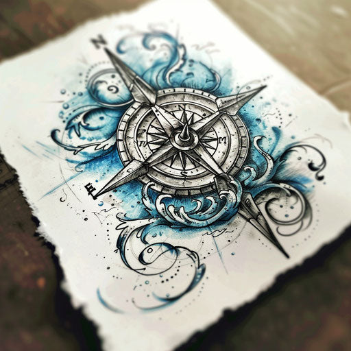 Vintage clipart style single needle tattoo sketch of a compass rose with nautical blues and grays