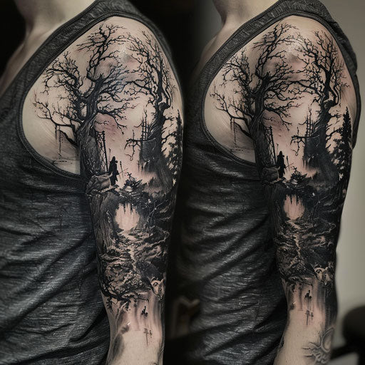 Surreal landscapes arm tattoo in style of J.P. Targete
