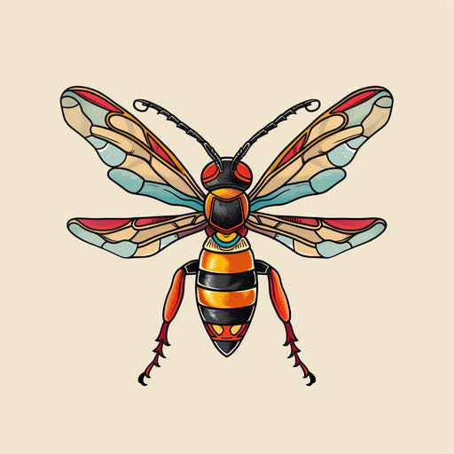 Simplified tattoo sketch of a wasp in vibrant colors and minimalistic design in clipart style
