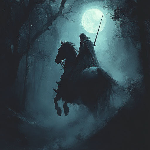 Headless rider in a dark and foggy forest