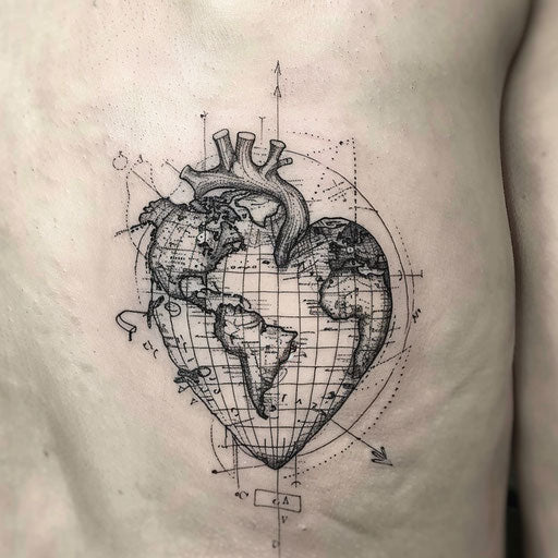 Black heart with detailed map and travel motifs