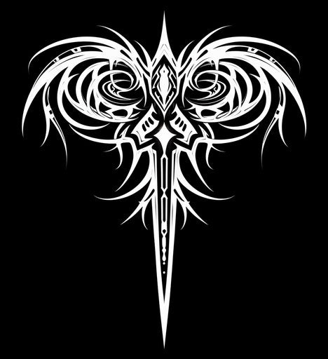 A black and white tribal design with cross wings, in the style of algeapunk, eye-catching, devilish