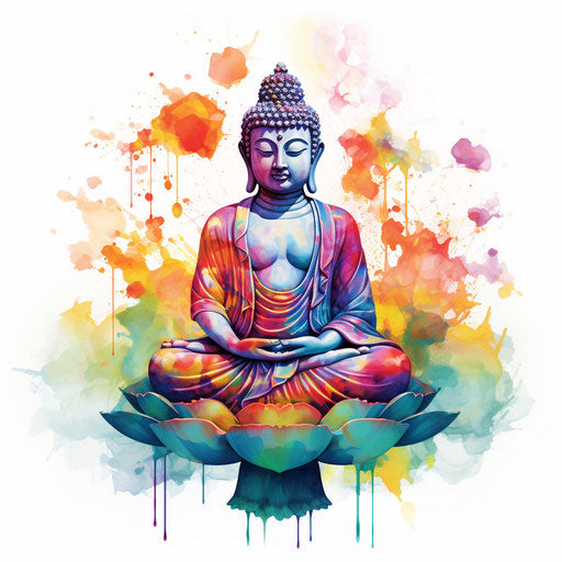 Colorful watercolor drawing of Buddha in meditation pose as a flower