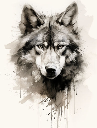 Drawing of a wolf's face in black and white, digital art style