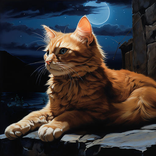 Orange cat lying outside at night