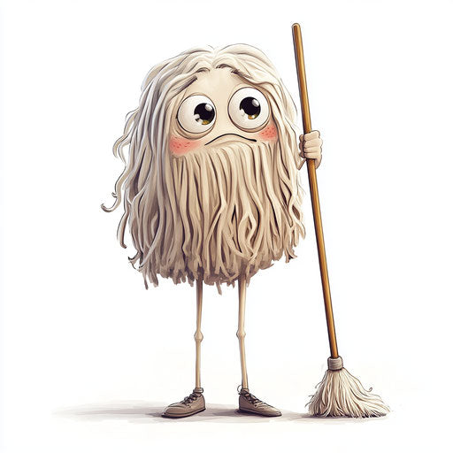 Humorous caricature of a mop with human characteristics