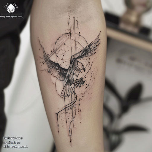 Fantasy eagle tattoo with magical elements on white background