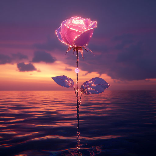 Pink rose glowing on the sea at sunset