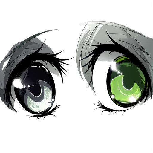 Two anime eyes, one green and one gray, white lashes