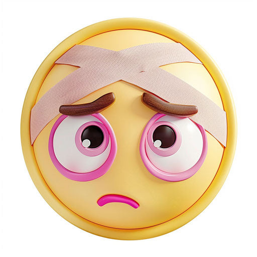 Sad face with bandages, yellow circle, pink eyeliner