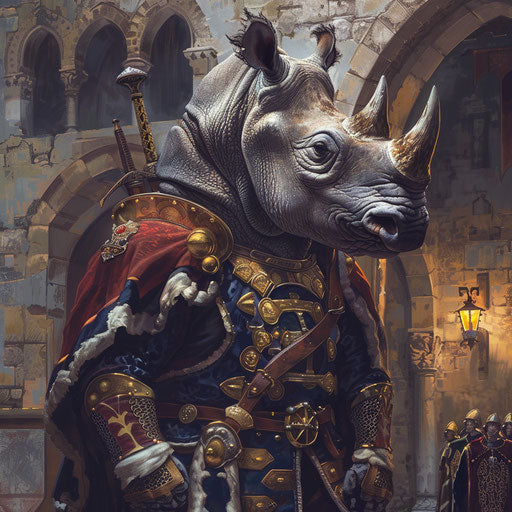 A rhinoceros as royal guard in medieval castle