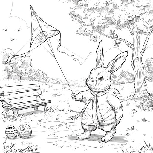 Easter bunny flying an egg-shaped kite in a sunny park.