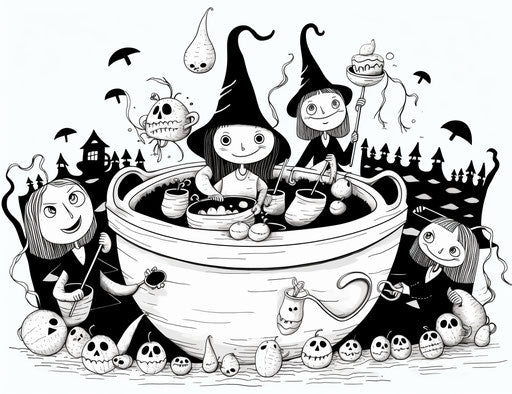 Witches in a pot coloring page, animated monochromatic white figures