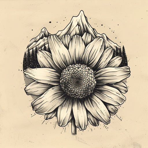 Adventurous sketch of a daisy with mountain landscapes