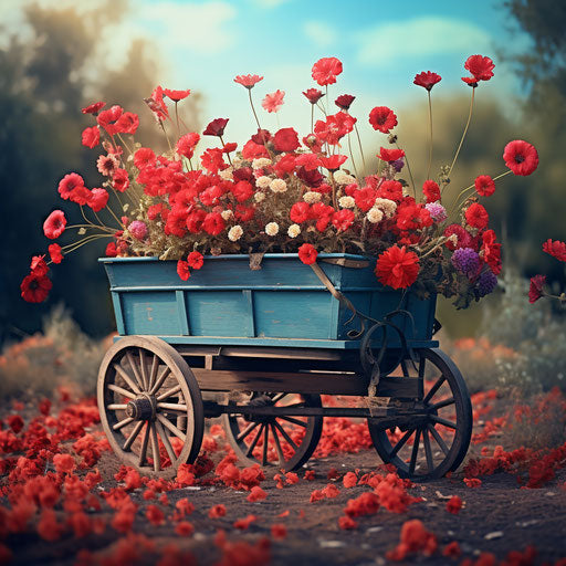 Blue wagon with red flowers, naturalistic-surreal style