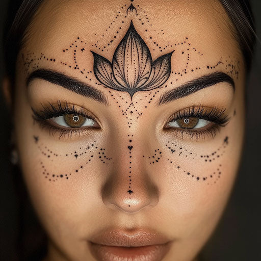 Face tattoo for women with a delicate lotus flower