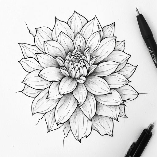 Black and white dahlia tattoo sketch with high contrast