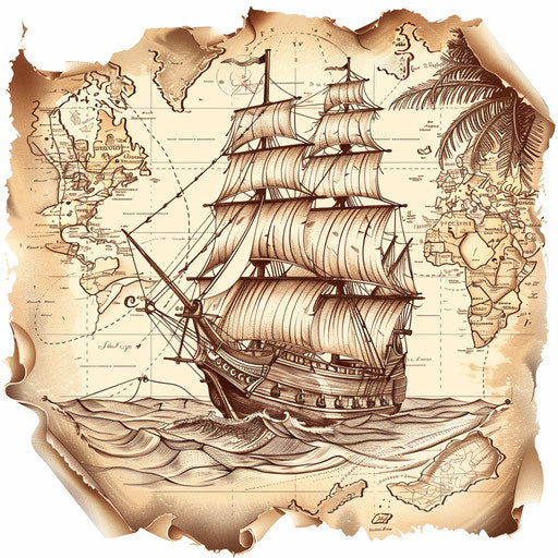 Earthy-toned pirate ship discovering new lands in clipart