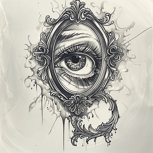Self-reflection tattoo: eye gazing into mirror