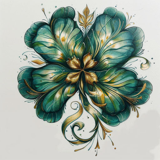 Lush tattoo sketch of a clover in rich emerald tones with golden highlights