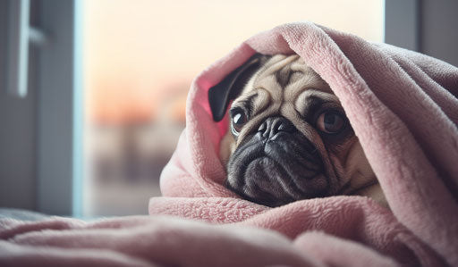Pug dog with blanket, looking out of window