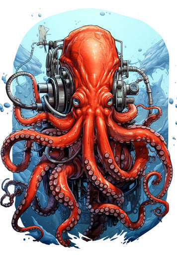 Octopus with helmet drawing, light crimson, seapunk, cybersteampunk