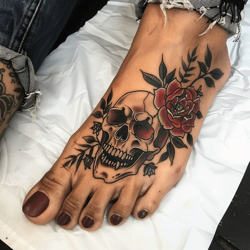 Foot tattoos in the style of Ed Hardy with roses and skulls
