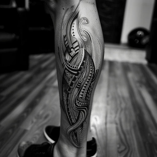 Tribal leg tattoo in the style of Adrian Smith