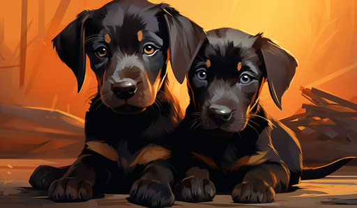 Two puppies, two black dogs, light orange and light maroon, 12:7