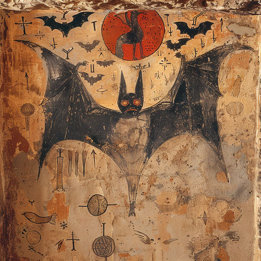 Ancient bat surrounded by symbols of lost civilizations