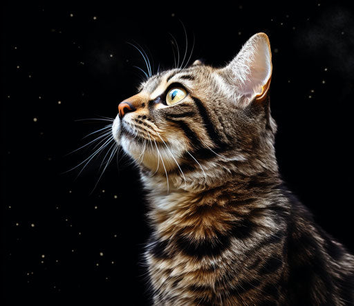 Feline gazing at black background, delicate markings, texture richness