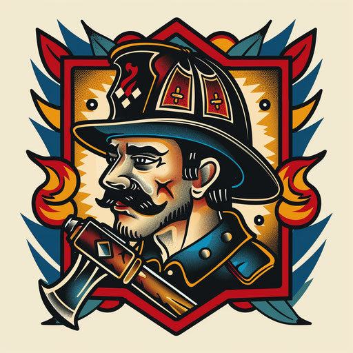 Firefighter with axe in tattoo sketch style