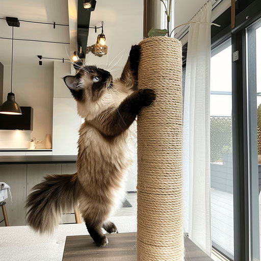 Himalayan cat climbing a scratching post in a stylish apartment