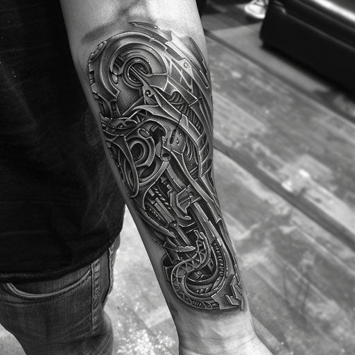 Impressive tattoos for men with biomechanical arm on forearm