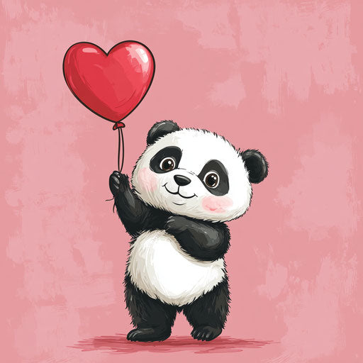 Panda holding heart balloon on pink background