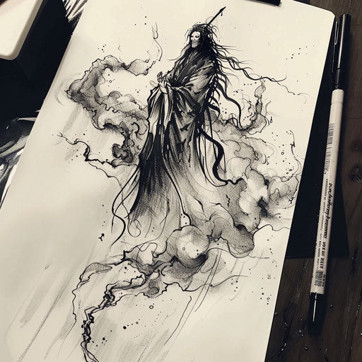 Dynamic flat tattoo sketch of a shinigami descending from a cloud of ink