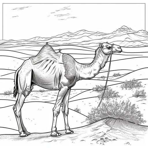 Camel in the desert with sand dunes