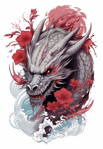 Asian-inspired dragon, light gray and red tattoo fusion