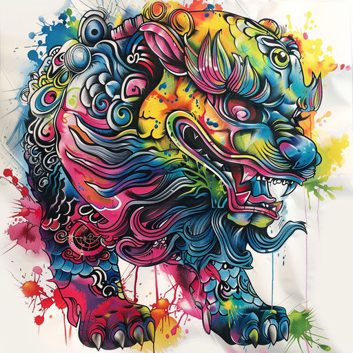 Graffiti-style foo dog tattoo with vibrant colors and street art influences on white background
