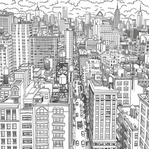 Detailed view of a cityscape with skyscrapers and bustling streets. Coloring book page