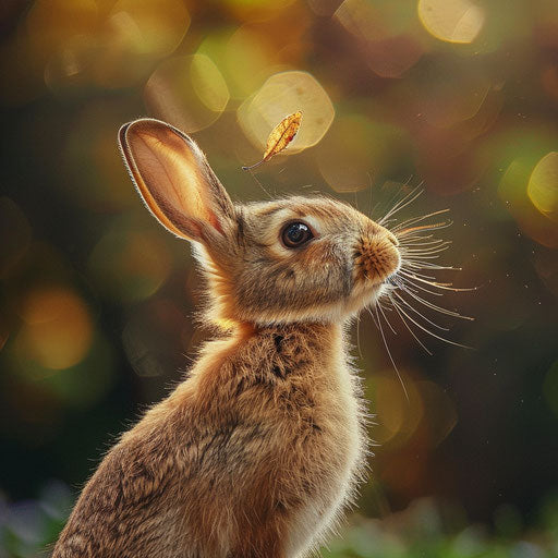 A rabbit playing with a leaf in the air