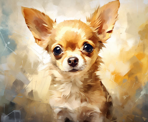 Small yellow and brown chihuahua puppy in light beige and gold style