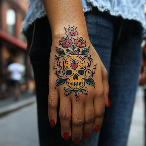 Hand tattoos with small skulls and hearts in Ed Hardy style