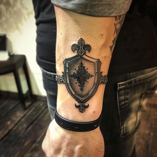 Men's wrist tattoos with a medieval shield design
