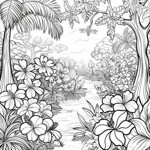 Tropical rainforest with exotic flowers and lush greenery