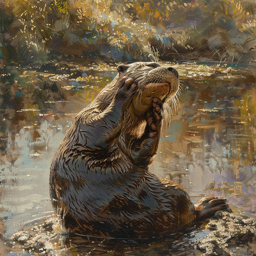 Otter grooming fur on sunny riverbank