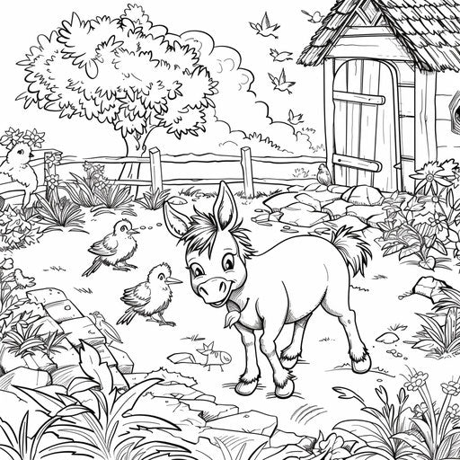 Cute donkey playing with birds and animals in a farmyard. Coloring book page